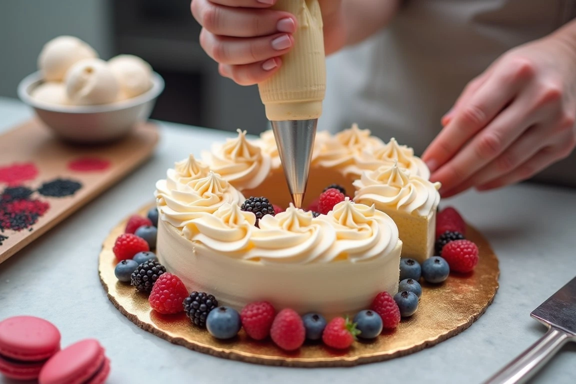 Hands decorating a letter cake with frosting and berries