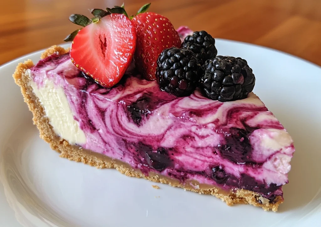 Close-up of blackberry cheesecake, a blackberry cheesecake recipe, with fresh blackberries