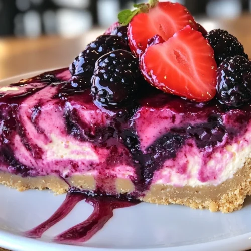 Close-up of blackberry cheesecake, a blackberry cheesecake recipe, with fresh blackberries