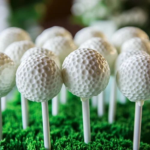 Close-up of golf ball cake pops with textured white coating