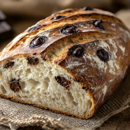 Chocolate chip sourdough bread loaf on a burlap cloth