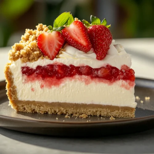 Slice of strawberry crunch cheesecake on a brown plate