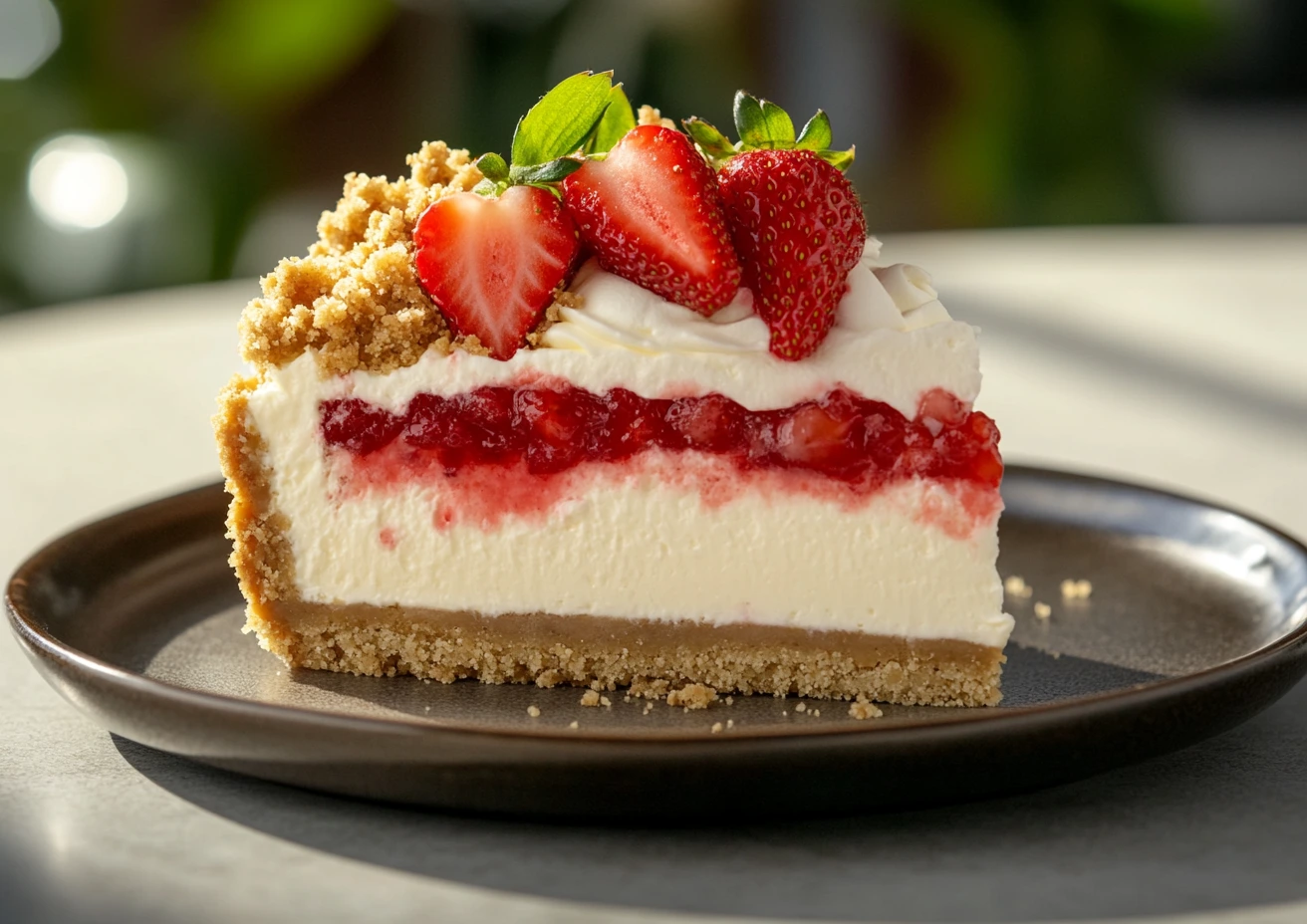 Slice of strawberry crunch cheesecake on a brown plate