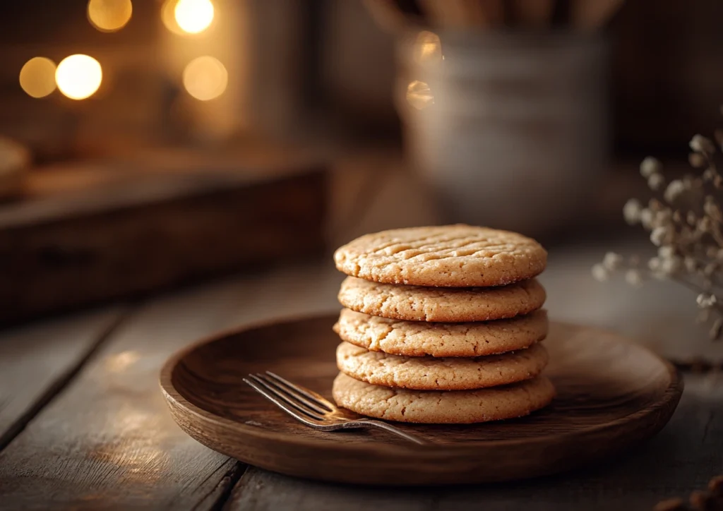 A plate of golden peanut butter cookies with a classic criss-cross pattern on top.