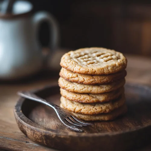 A plate of golden peanut butter cookies with a classic criss-cross pattern on top.