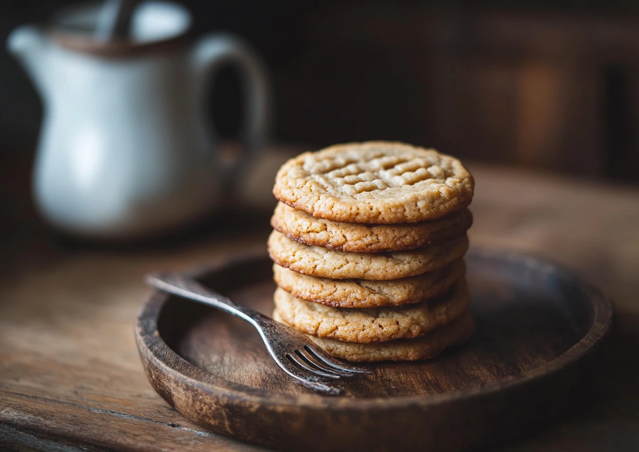 A plate of golden peanut butter cookies with a classic criss-cross pattern on top.