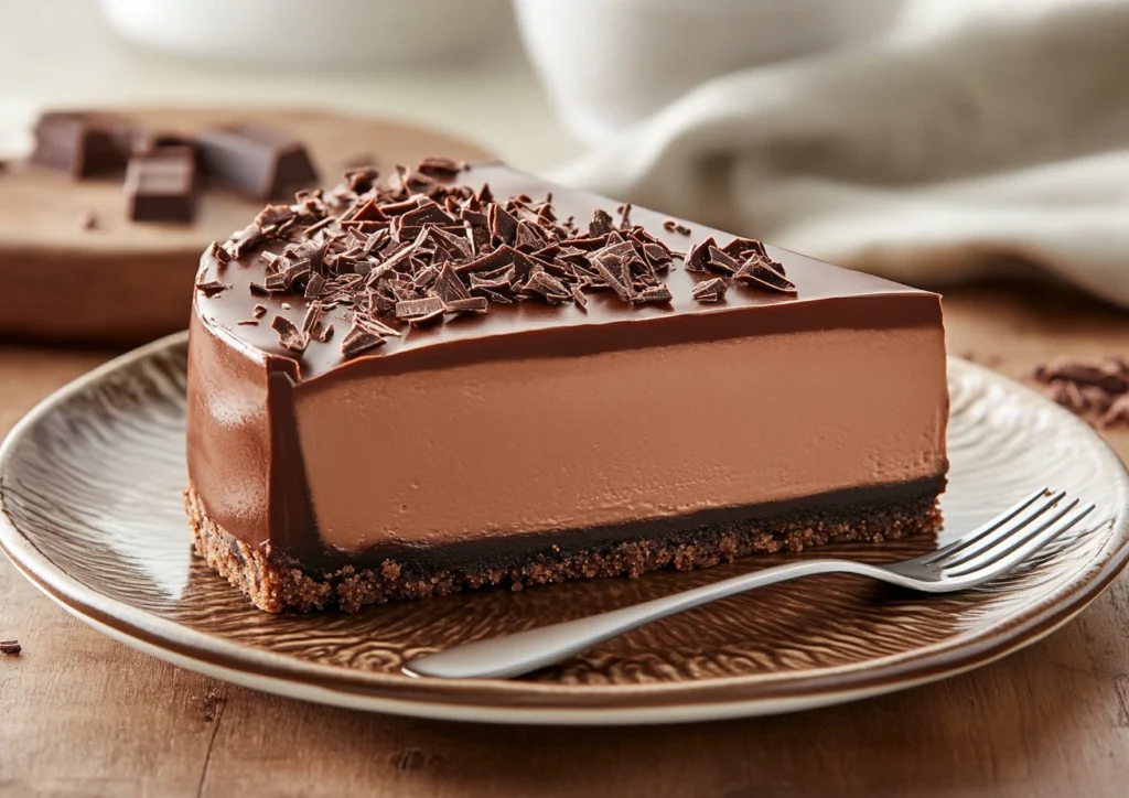 Slice of chocolate cheesecake with ganache topping