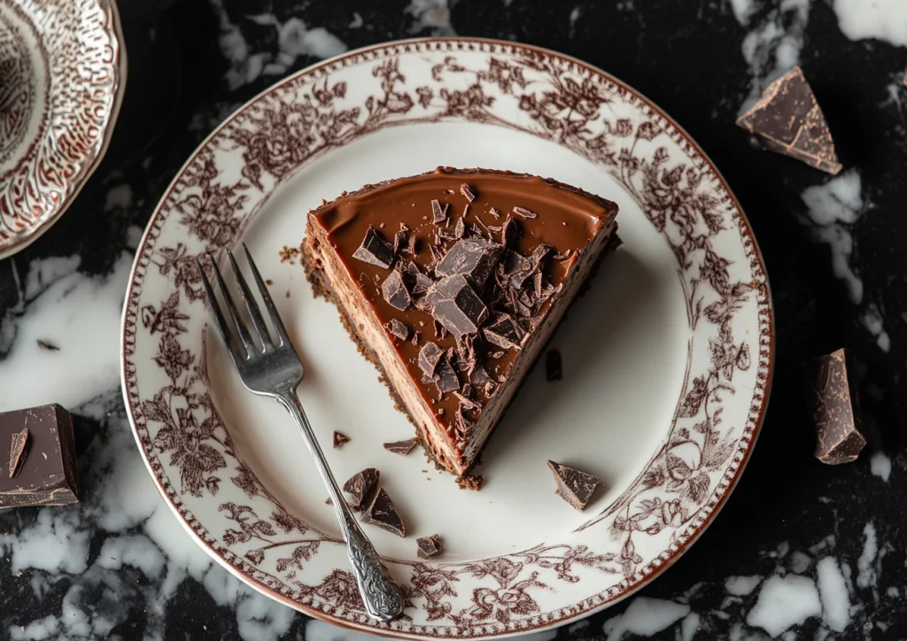 Slice of decadent chocolate cheesecake with ganache topping