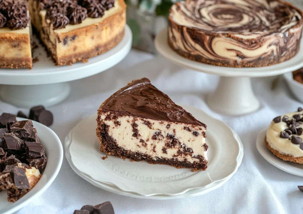 Variety of cheesecakes: brownie cheesecake, chocolate chip cheesecake, swirl chocolate cheesecake, and chocolate chip cheesecake cookies.