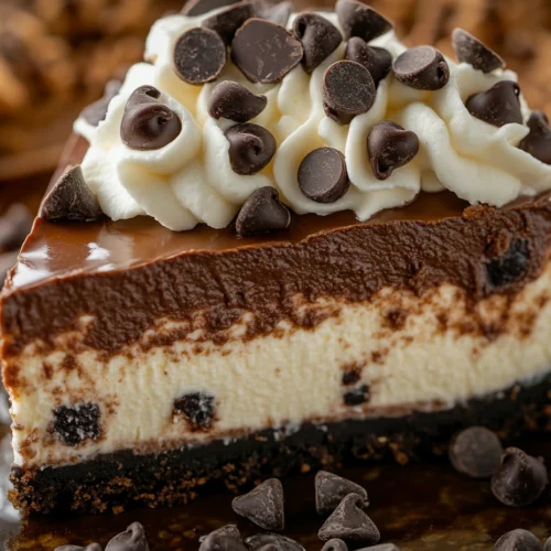 Rich chocolate chip cheesecake with a graham cracker crust and creamy filling.