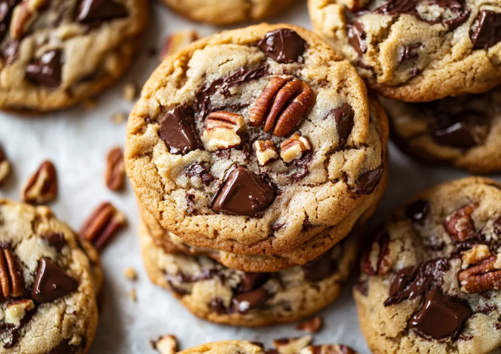 Stacked Chocolate Chip Pecan Cookies with melted chocolate and pecan toppings.