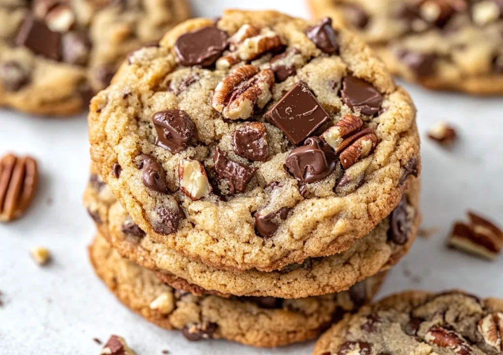 Stacked Chocolate Chip Pecan Cookies with chocolate and pecan toppings.