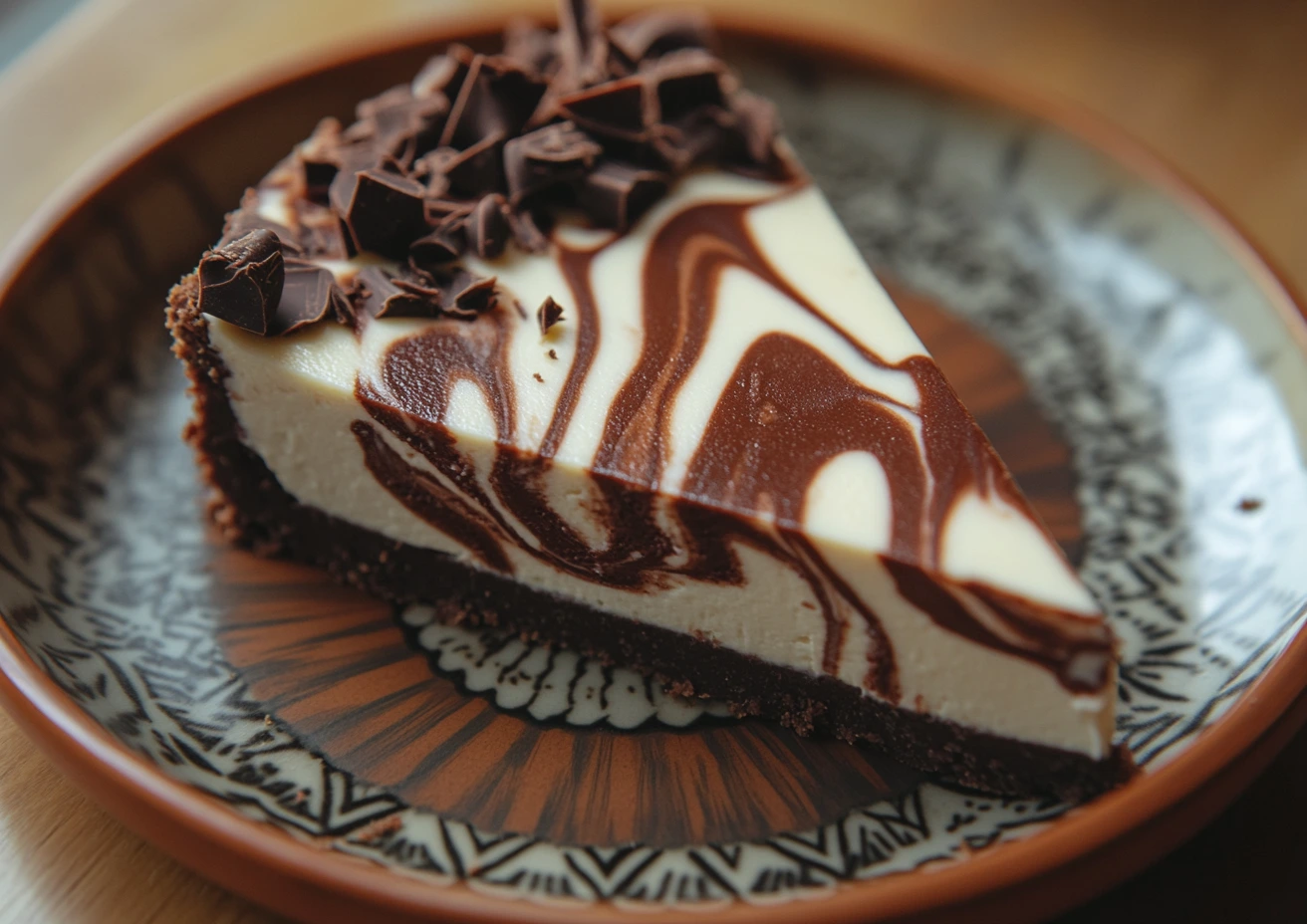 Close-up of chocolate swirl cheesecake with a marbled effect and chocolate drizzle.