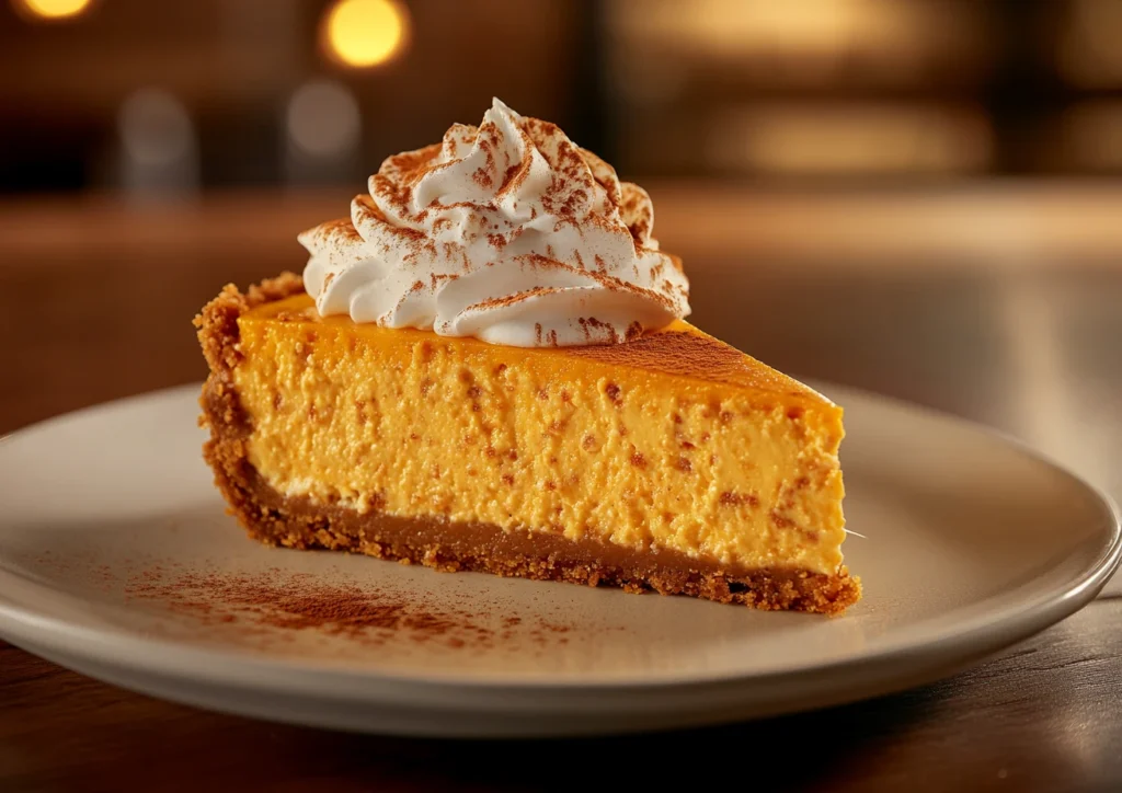 Slice of cottage cheese pumpkin cheesecake with whipped cream and cinnamon.