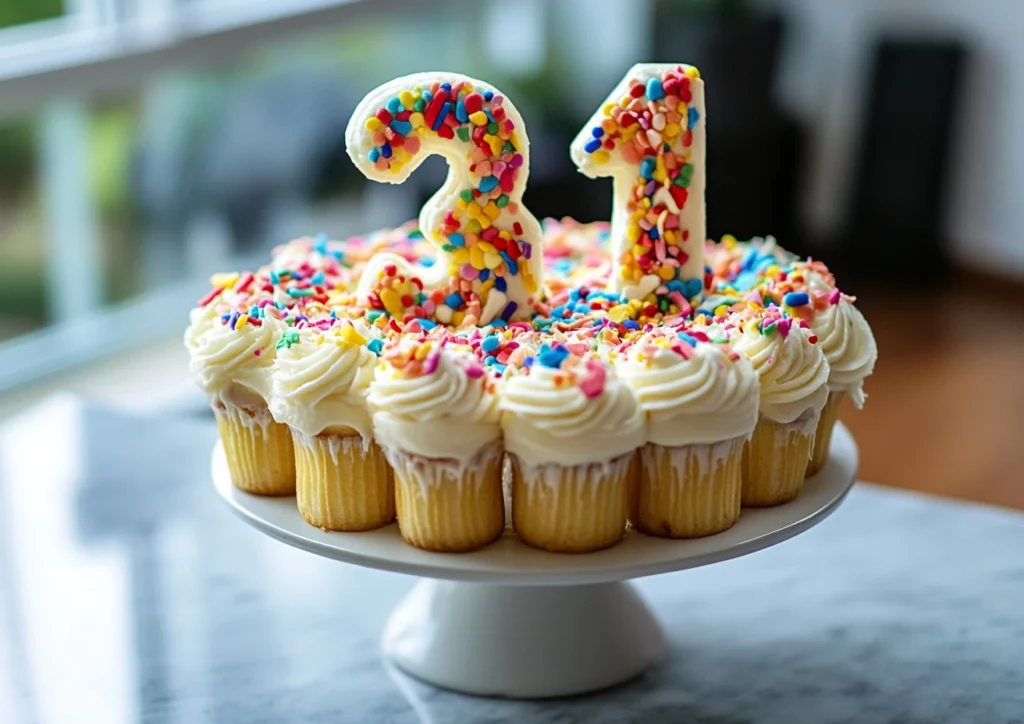Birthday cupcake cake made of arranged cupcakes with colorful frosting.