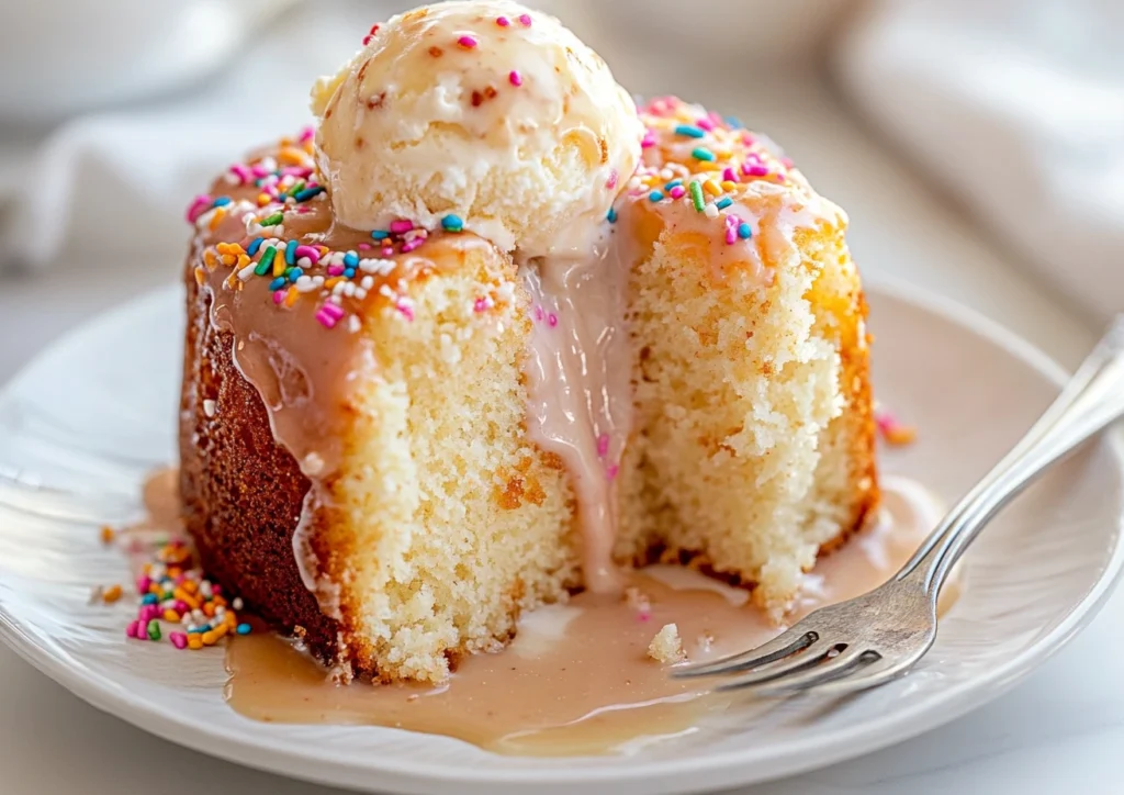 A slice of cupcake cake with glaze and sprinkles.
