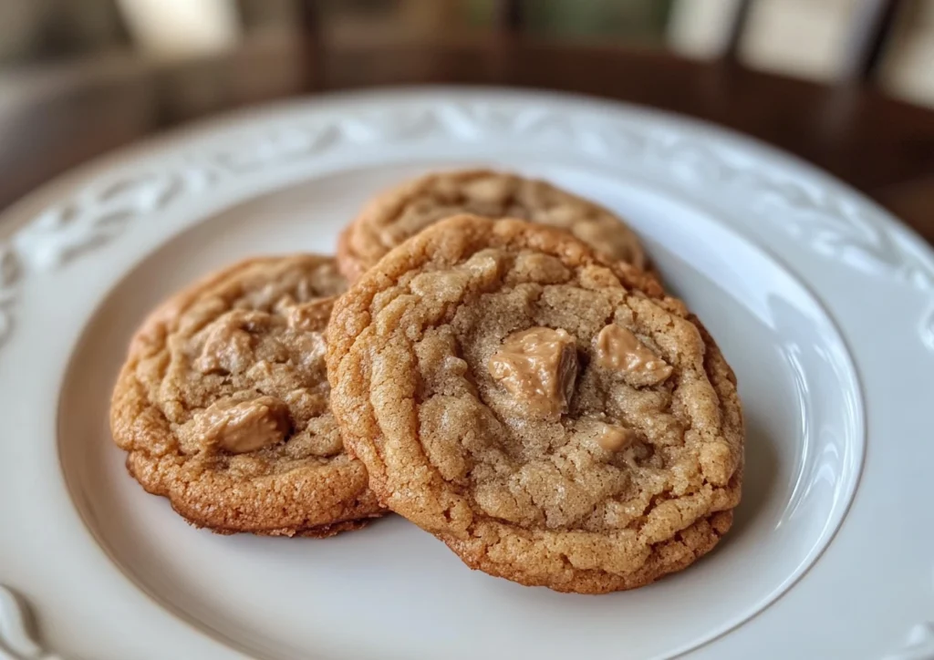 Soft, chewy peanut butter cookies on a plate with a golden-brown texture.