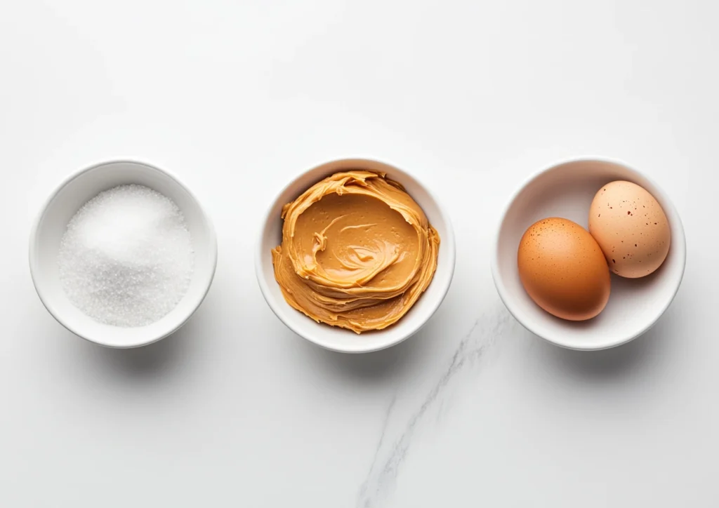 Peanut butter, sugar, and egg in bowls.