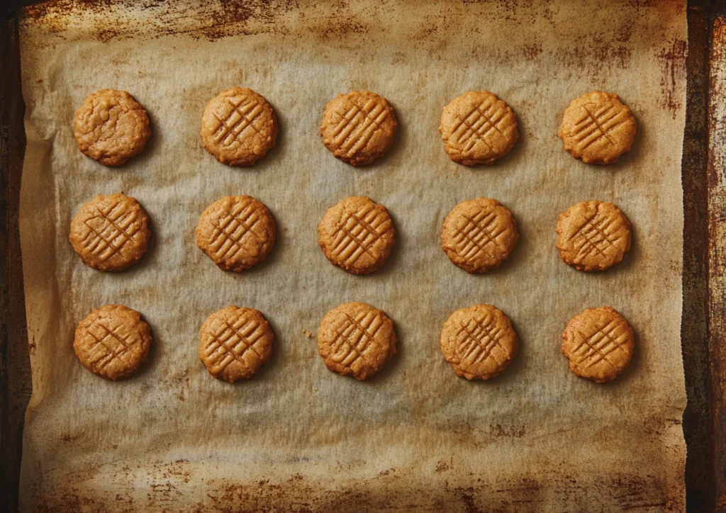 Peanut butter cookies on a baking sheet.