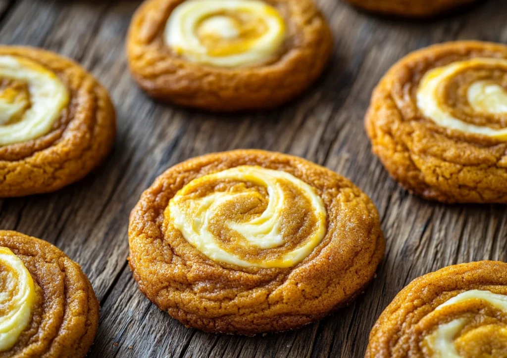 Pumpkin cheesecake cookies with creamy swirls, perfect for fall.