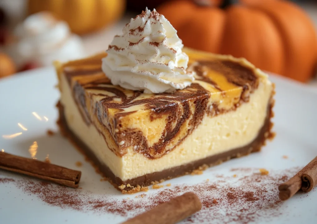 A slice of Pumpkin Swirl Cheesecake with whipped cream and fall decorations.