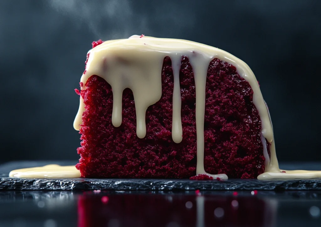 A beautifully slice of red velvet pound cake with cream cheese glaze.