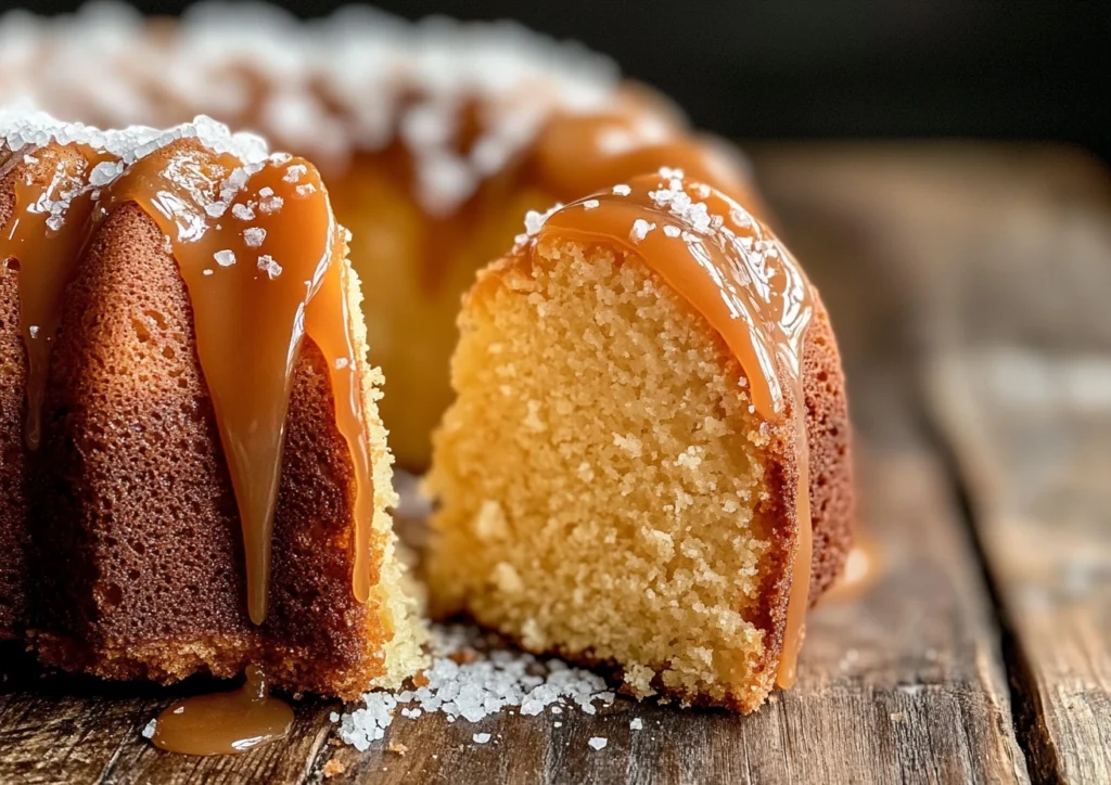 A slice of Salted Caramel Kentucky Butter Cake with caramel drizzle and a sprinkle of sea salt.