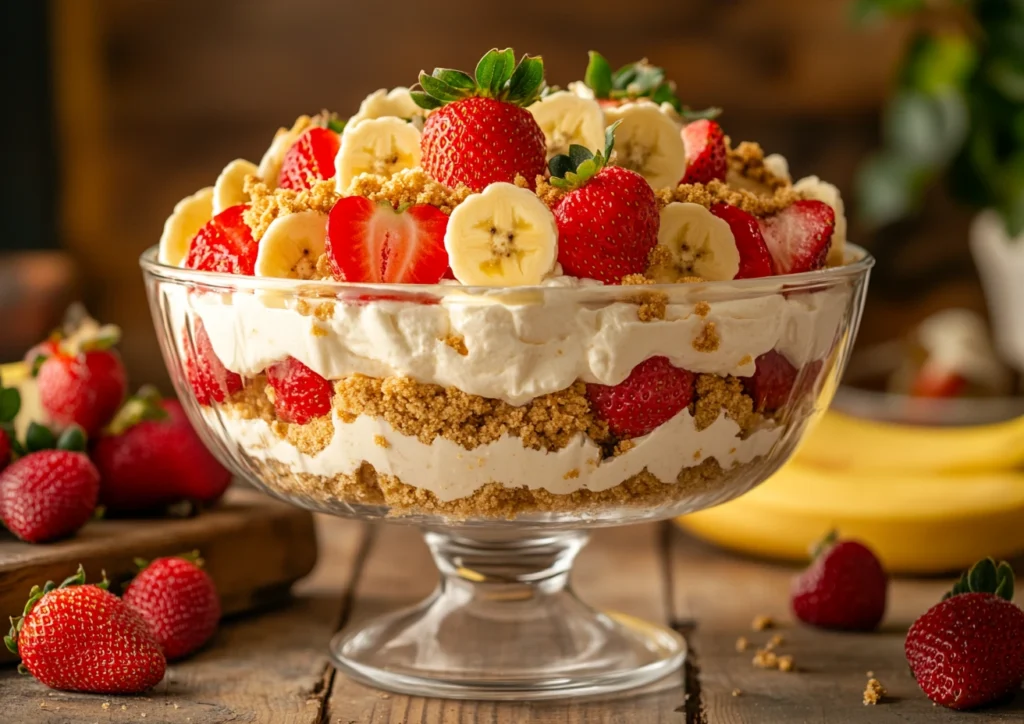 Strawberry banana cheesecake salad in a glass bowl with graham cracker crumbs