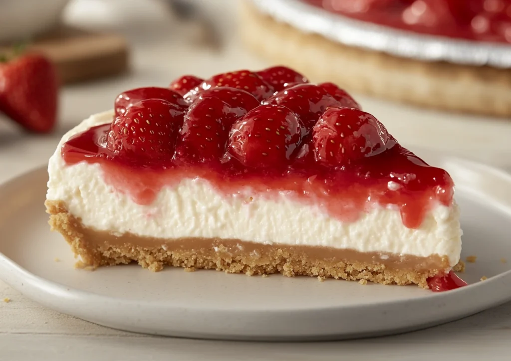 Slice of strawberry cheesecake with strawberry topping.