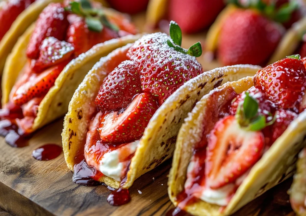 Strawberry cheesecake tacos with fresh strawberries and chocolate drizzle.