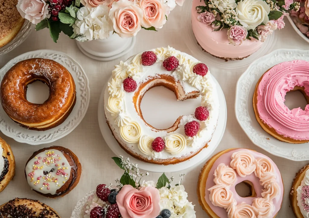 A table showcasing a variety of cake designs.