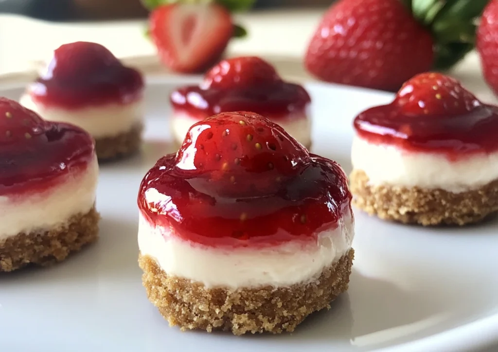 Bite-sized strawberry cheesecake with graham cracker crust and strawberry topping.