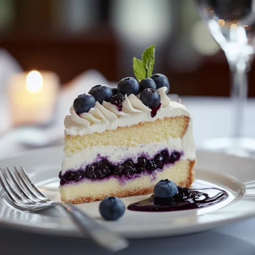 Blueberry cheesecake cake slice on a plate