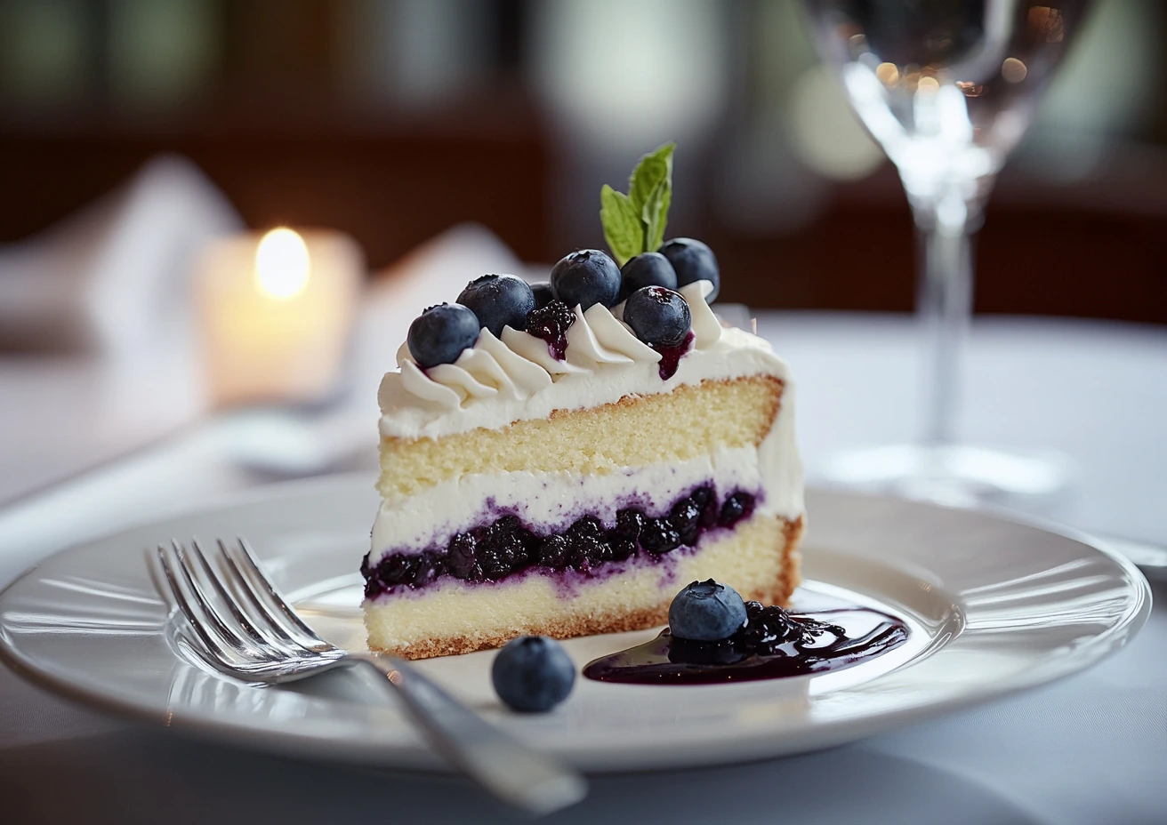 Blueberry cheesecake cake slice on a plate