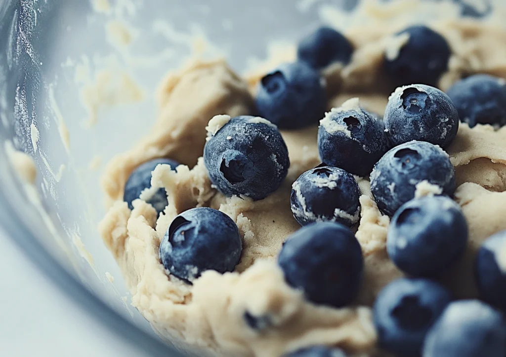 Cookie dough with blueberries in a glass bowl