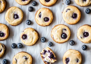 Blueberry cheesecake cookies on a baking sheet, some cut in half