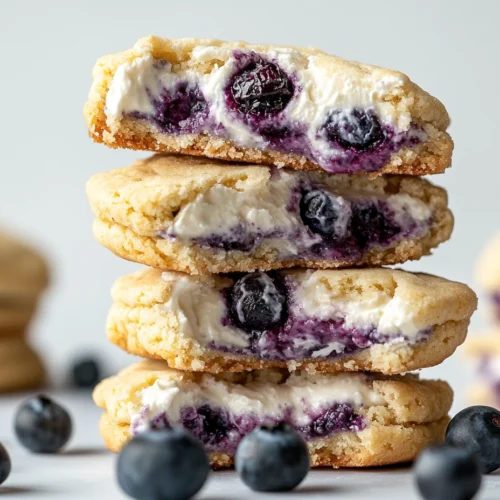 A stack of blueberry cheesecake cookies cut in half