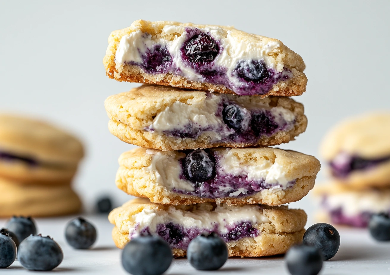 A stack of blueberry cheesecake cookies cut in half