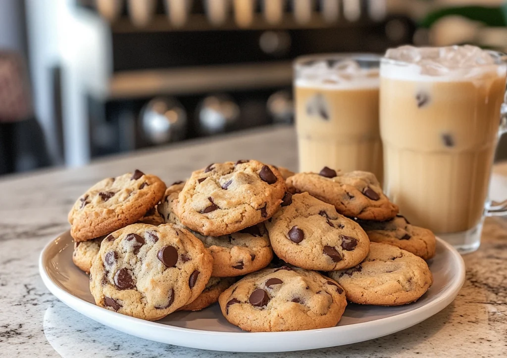 Plate of banana chocolate chip cookies with iced coffee drinks.