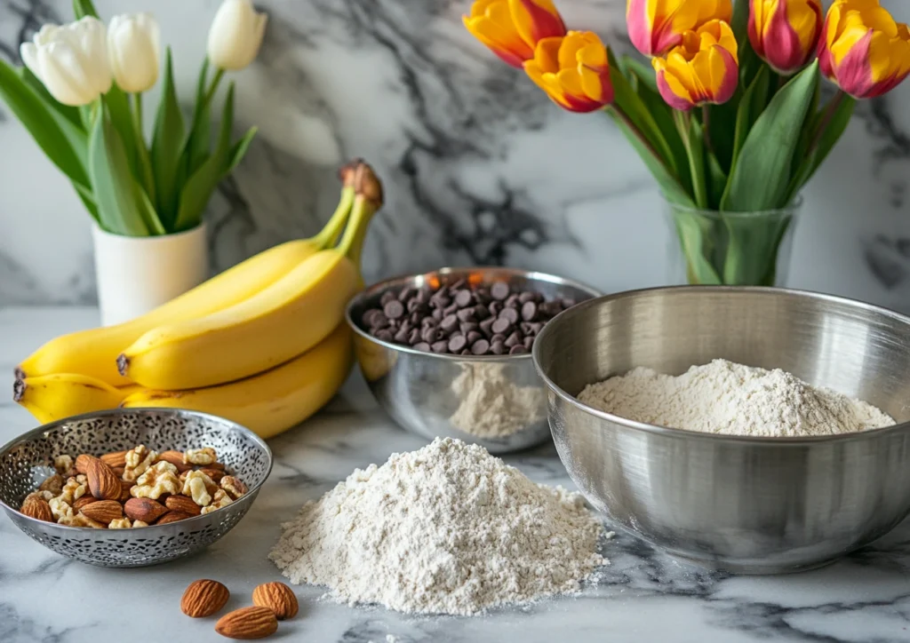 Ingredients laid out for banana chocolate chip cookies.