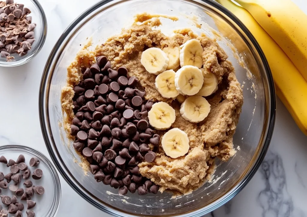 Close-up of banana chocolate chip cookie dough in a mixing bowl.