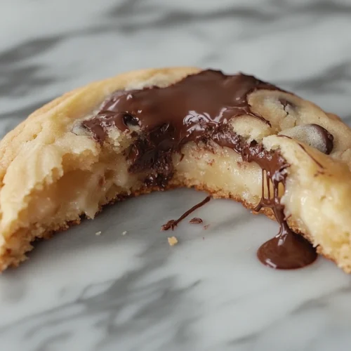 Banana chocolate chip cookie with broken pieces showing melted chocolate chips.