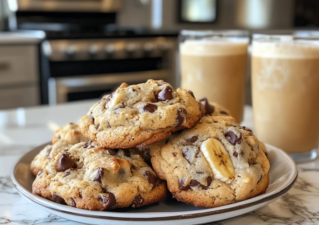 Plate of banana bread chocolate chip cookies with iced coffee drinks.