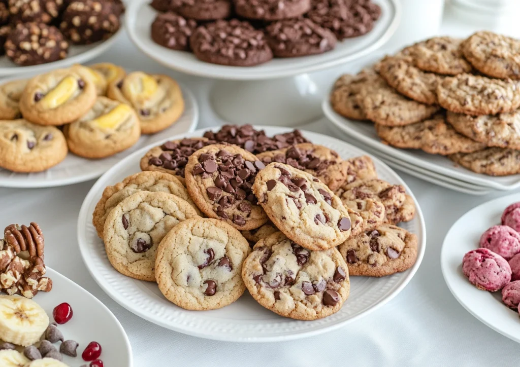 A beautifully arranged dessert table showcasing different chocolate chip cookies variations