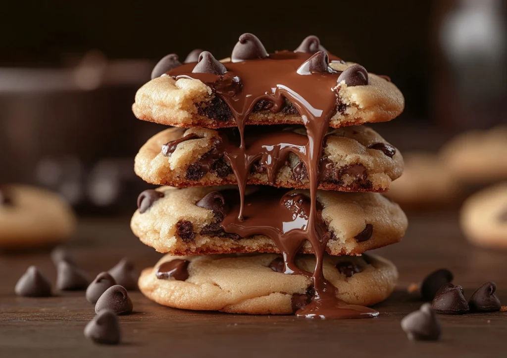 Stack of chocolate chip cookies, broken open with melted chocolate dripping, made without brown sugar.
