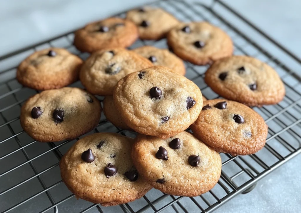 Close-up of chocolate chip cookies on a wire cooling rack.
