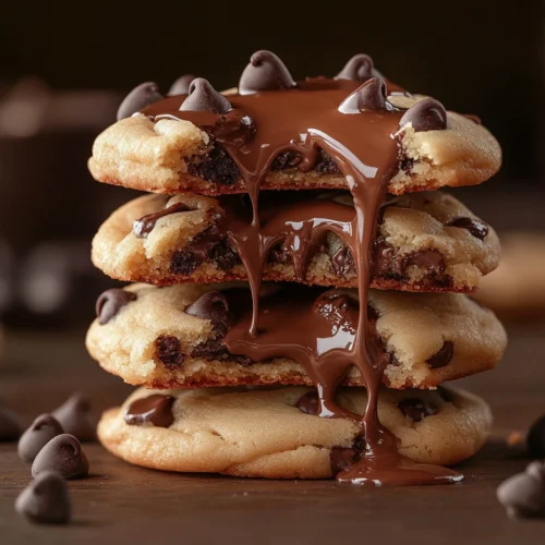 Stack of chocolate chip cookies, broken open with melted chocolate dripping, made without brown sugar.