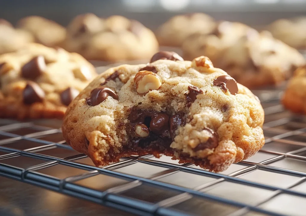 Chocolate Chip Walnut Cookie on rack with a bite taken.