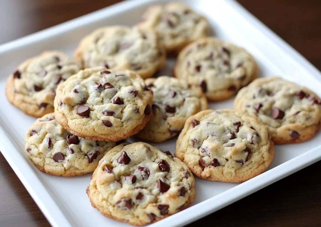Baked chocolate chip cookies on a white tray.