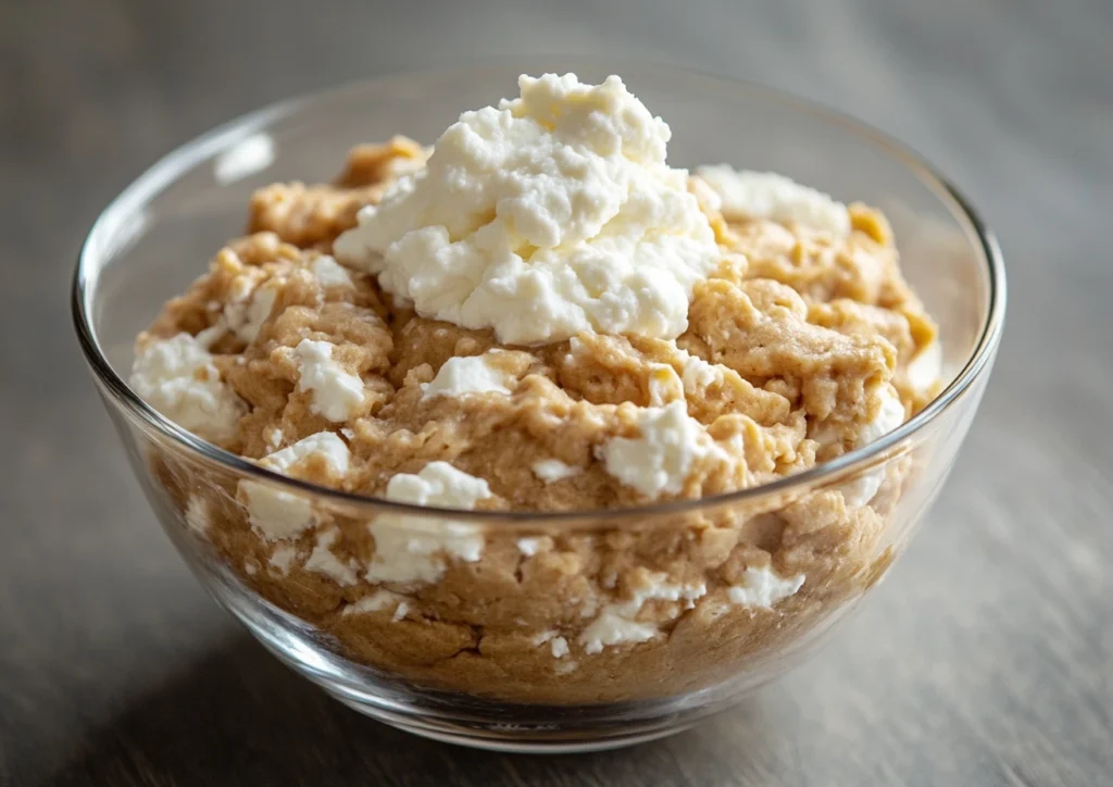 Cottage cheese being added to cookie dough in a glass bowl.